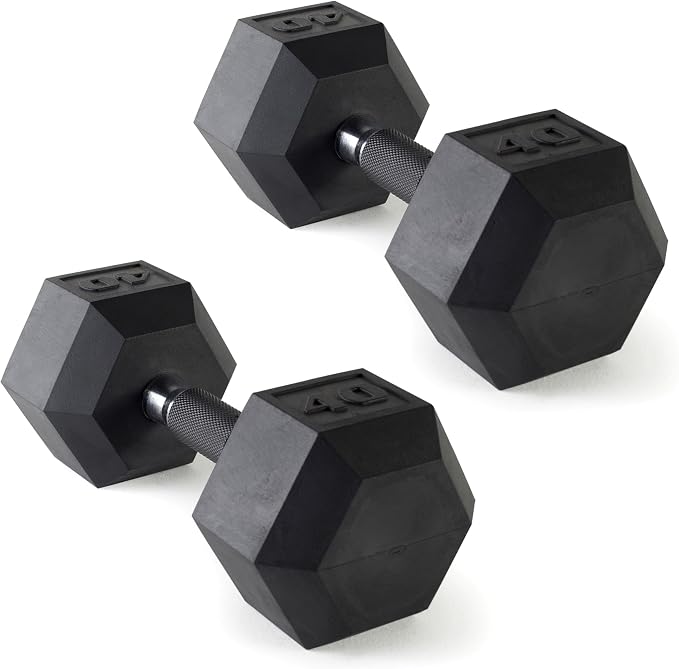 CAP Rubber Coated Dumbbell Weights, Free Weights for Home Gym Strength Training, Anti-Roll Hex Dumbbells with Black, Chrome & Comfort Grip Handles, Pairs & Sets
