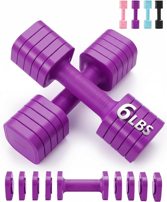 Equipro Hand Weights for Women at Home 6 LBS Adjustable Dumbbell Set of 2, Fast Adjust Dumbbells with TPU Soft Rubber Handle for Home Gym Exercise Training