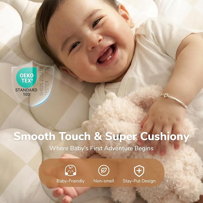 Momcozy Baby Play Mat for Floor, 50"x50" Thickened Playpen Mat | Playmate for Baby Tummy Time, Waterproof & Non-Slip, Foldable Outdoor Mat with Carrying Handle, Khaki Plaid