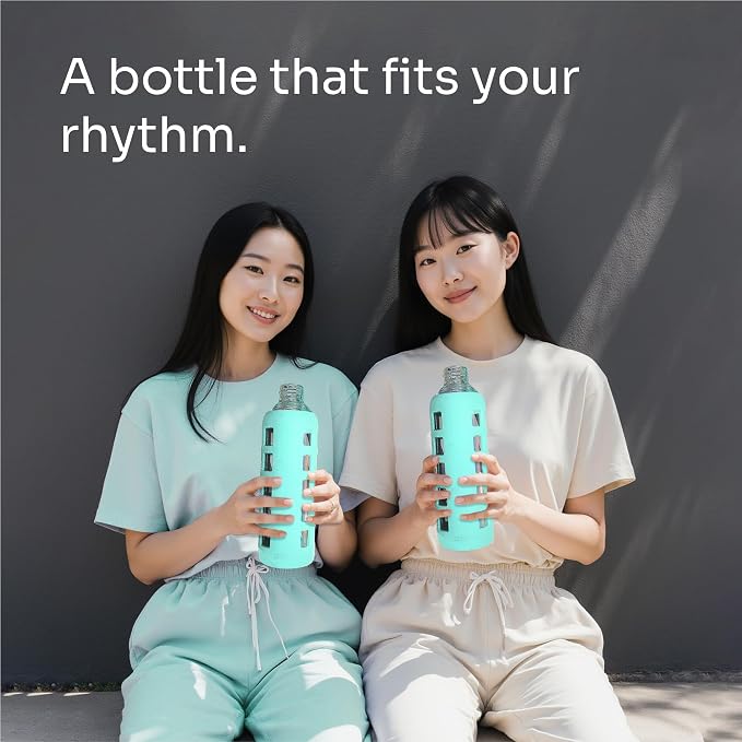 purifyou 40oz / 32oz / 22oz / 12oz Borosilicate Glass Water Bottle with Time & Volume Markers, Silicone Sleeve, Stainless Steel Lid | Reusable Glass Bottle for Water & Juice (32oz Glow-in-the-Dark)