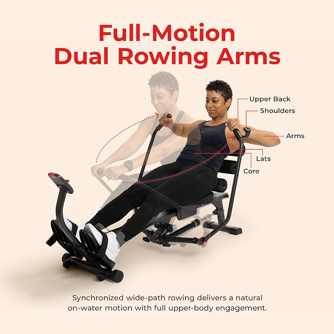 Sunny Health & Fitness Smart Full Motion Rower | 12 Resistance Levels, Dual-Arm Design, SunnyFit App Connectivity, 400 LB Capacity, Optional Back-Assist Core Trainer