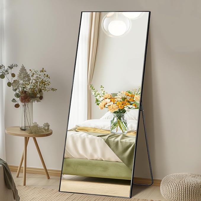 DUMOS 58"x19" Full Length Mirror, Full Body Mirror, Black | Aluminum Alloy Thin Frame, Leaning or Hanging, Suitable for Bedroom, Livingroom, Cloakroom