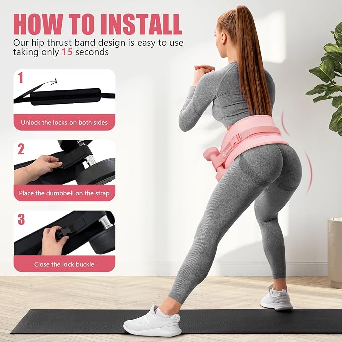 Hip Thrust Belt, Leather Dumbbell Booty Workout Belt | Adjustable non-slip booty belt for hip thrusts, fits dumbbells kettlebells plates, home gym exercise equipment