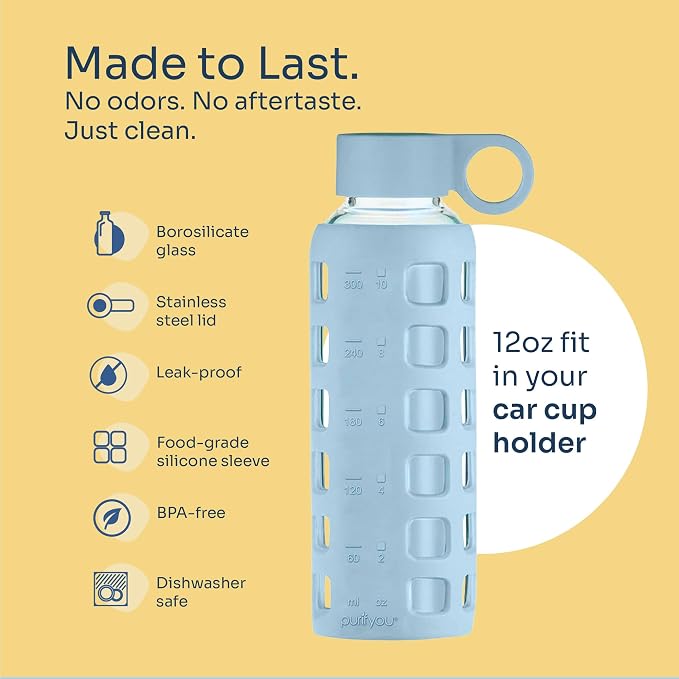 purifyou 40oz / 32oz / 22oz / 12oz Borosilicate Glass Water Bottle with Time & Volume Markers, Silicone Sleeve, Stainless Steel Lid | Reusable Glass Bottle for Water & Juice (12oz Ice Blue)