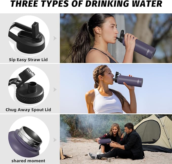 40oz Insulated Water Bottle (Cold for 48 Hrs),BPA Free&Leak Proof,Stainless Steel Water Flask,Water Jug with Straw Spout Lids for Gym,Hiking,Travel,Purple