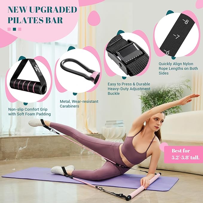 Pilates Bar Kit with Resistance Bands, Multifunctional Yoga Pilates Kit | Heavy-Duty Metal Adjustment Buckle, Portable Home Gym Pilates Resistance Bar Kit for Women Full Body Workouts