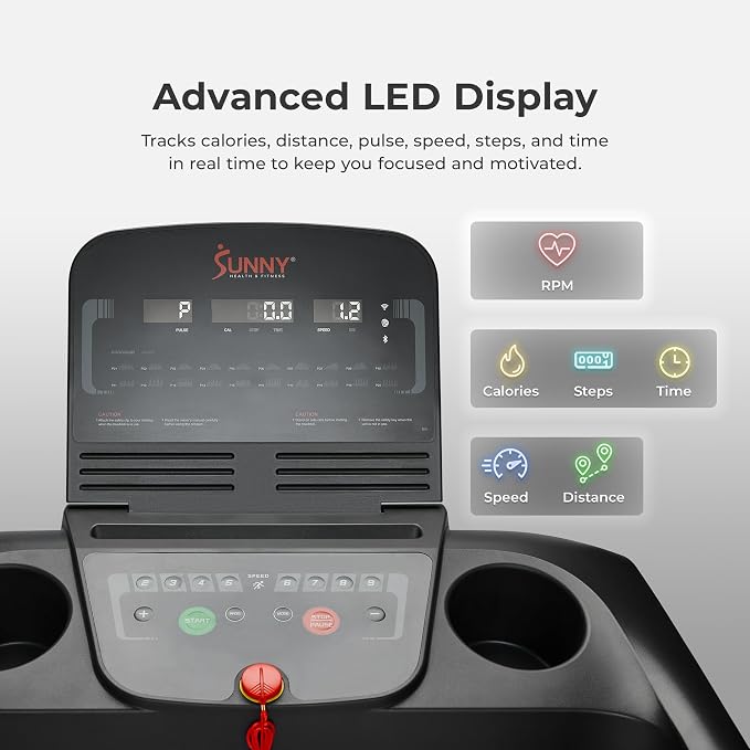 Sunny Health & Fitness Smart Manual Incline Wi-Fi Treadmill, Foldable | 2HP, 9 MPH, 3 Manual Incline Levels up to 5%, WiFi Connectivity, 16" x 50" Running Belt, 20 Workout Programs