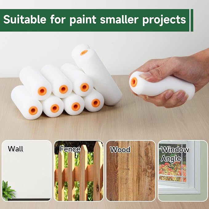 VOOMEY Mini Paint Roller, 4 Inch Foam Paint Roller 10 Pack | Small Paint Roller Covers, Roller Paint for Painting Walls, Cabinets, Corner, Cupboards, Doors