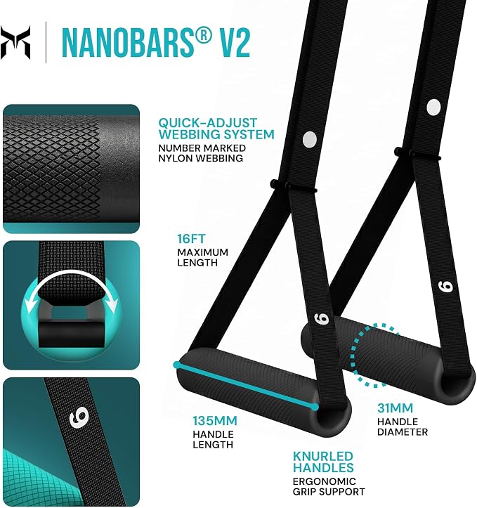 Kensui NanoBars V2 - Portable Suspension Trainer, 600 lb Max Load | Stable and rotating handle modes support pull ups, rows, dips, curls and full body training with natural wrist movement.