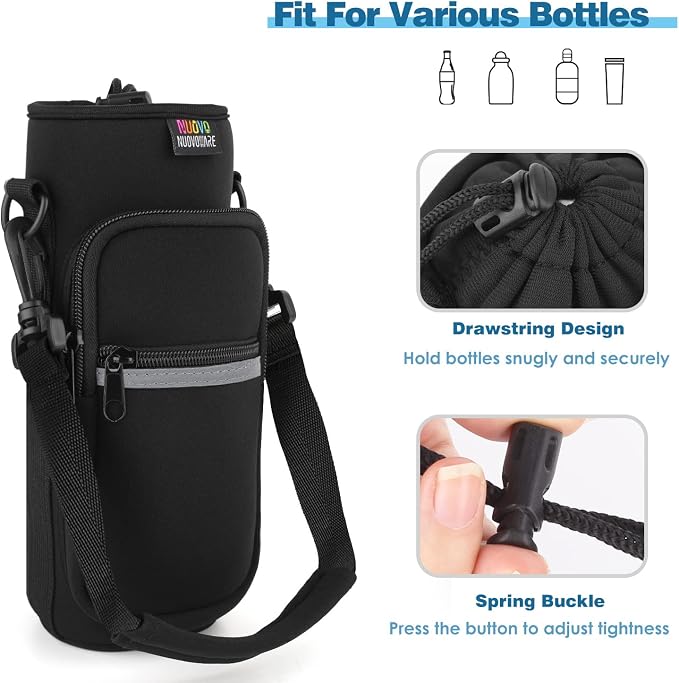 Nuovoware Water Bottle Carrier Bag, 25oz/32oz, Black | Adjustable Shoulder Hand Strap, 2 Pocket, Neoprene Sleeve, For Hiking Travelling Camping