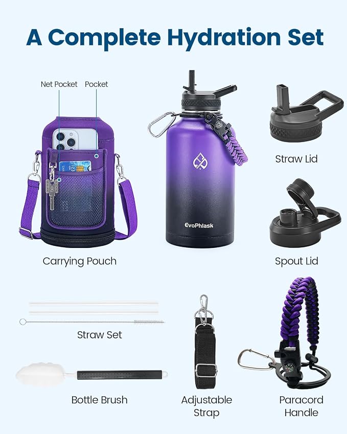 Insulated Water Bottle 64 oz with Carrier Bag, Purple/Black | Stainless Steel, Vacuum Insulated Keep Cold 48 Hrs, Half Gallon Large Water Jug, For Travel, Sport, Gym, Hiking