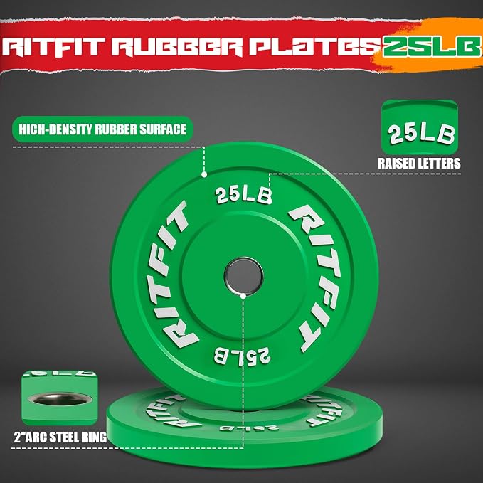RitFit Color Coded Bumper Plate, Olympic Bumper Plate for Barbell, 2-Inch Bumper Weight Plates With Steel Insert, rubber weight plates for Strength Training in Home Gym