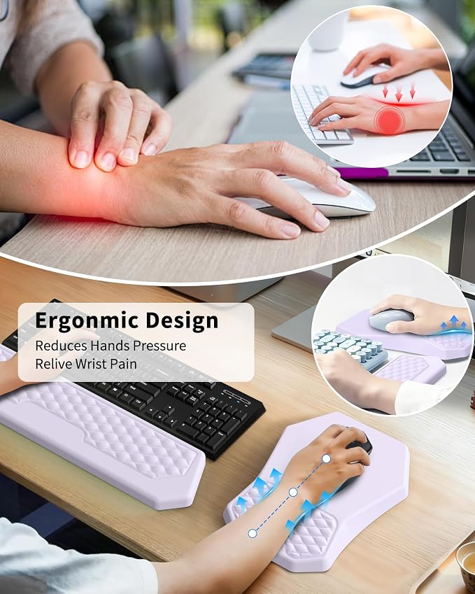 Ergonomic Mouse Pad Wrist Rest Support | Massage Design Mousepad for Carpal Tunnel Pain Relief, Memory Foam, Non-Slip PU Base for Computer Desk, Purple Pad