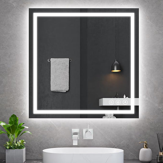 Koonmi 30x30 LED Bathroom Mirror with Light, Anti-Fog, 3 Colors | Backlit + Front Lit, Dimmable Brightness, Shatterproof HD Distortion-Free Tempered Glass, Hardware Included