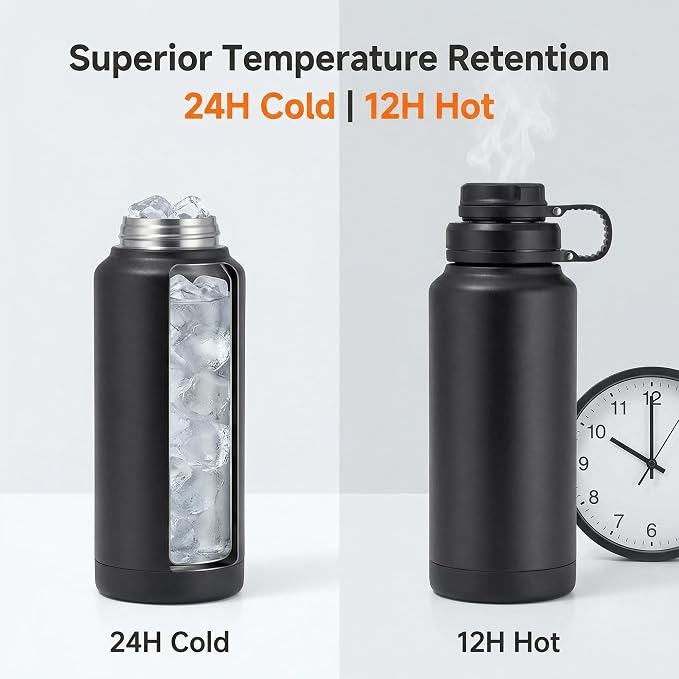 32 oz Metal Stainless Steel Insulated Water Bottle | Sports Black Water Bottle Leak Proof with Spout Lid & Handle Lids,Keep Cold for 24 Hrs Hot for 12 Hrs,For Gym,Men,