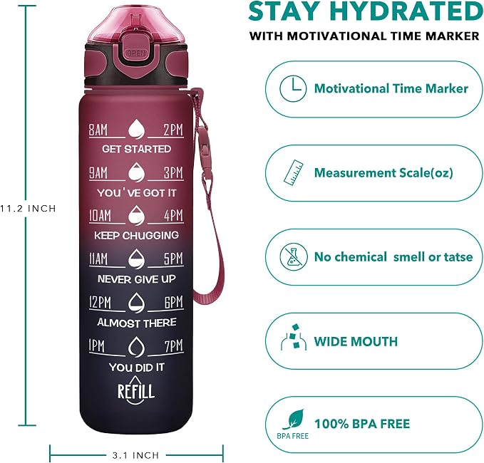 Enerbone 32 oz Drinking Water Bottle with Times to Drink and Straw, Motivational with Carrying Strap, Leakproof BPA & Toxic Free, Ensure You Drink Enough Water for Fitness Gym Outdoor