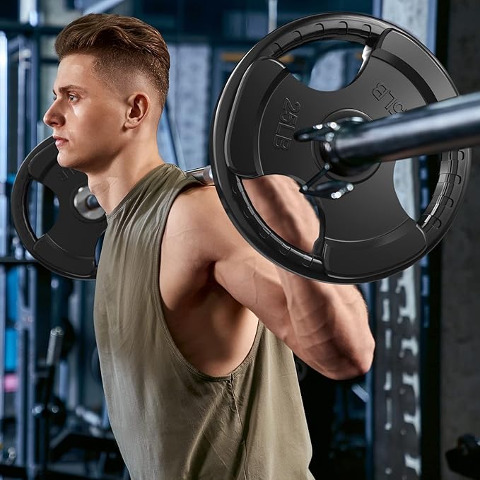 RitFit Olympic Rubber Grip Weight Plates, 2-Inch Barbell Set | Solid Iron Core, Rubber Coated, 2-Inch Olympic Bar Compatible, 3-Hole Grip, 2.5LB to 45LB Weight Options
