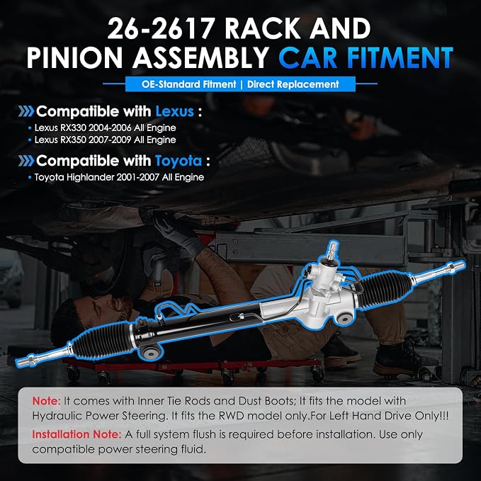 26-2617 Hydraulic Power Steering Rack and Pinion Fit for Toyota Highlander 2001-2007, for Lexus RX330 RX350 Automotive Replacement Rack & Pinion Assembly 4420048091 4550349125 4420048180