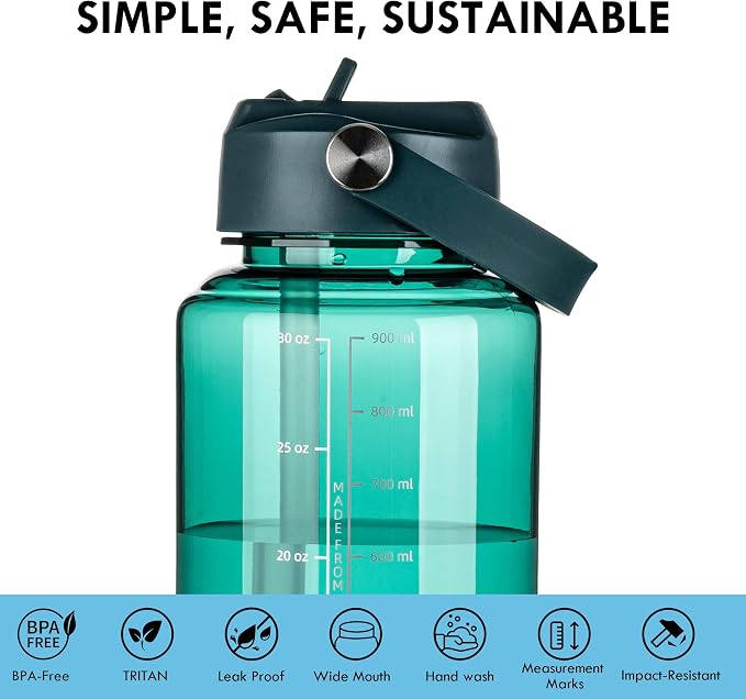 OLDLEY 32oz Water Bottle with Straw,Leakproof Tritan Clear Bottle with Marked Bottle and Carry Handle, BPA-Free Wide Mouth Reusable Sports Water Bottle for Gym,Hiking, Camping, Travel, Workout,Lagoon