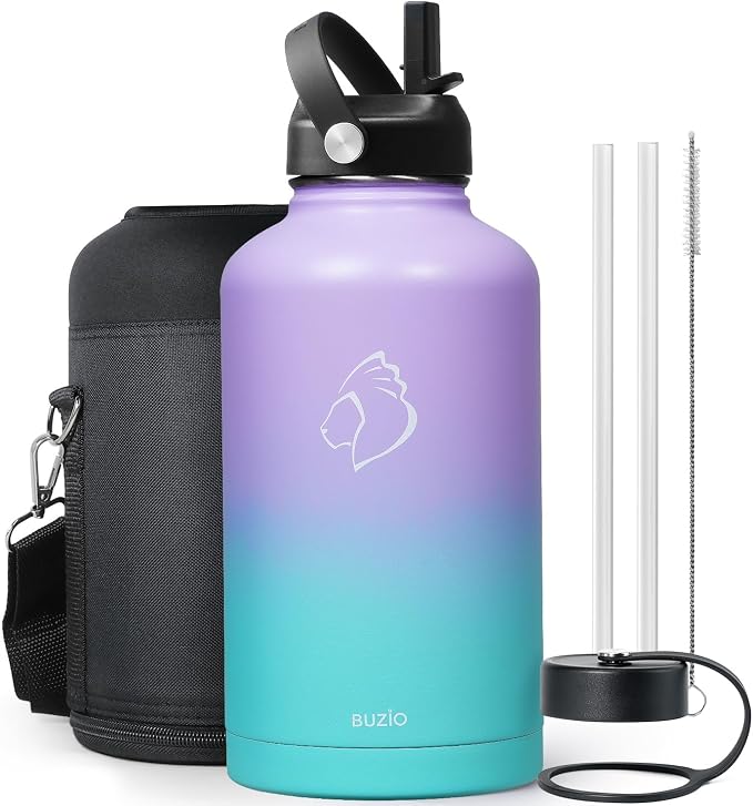 BUZIO 64 oz Insulated Stainless Steel Water Bottle with Dust-proof Lids | Half Gallon Water Jug (Dishwasher Safe), Cold for 48 Hrs, Triple Wall with Copper Plating, for Gym, Hiking, Camping, Black