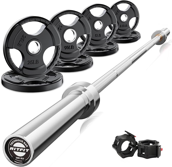 RitFit Barbell Weight Set - 4/6FT Olympic Barbell with Weight Plates (55-115LB Total) - Weightlifting Equipment for Squats, Curls, Deadlifts, Presses, Hip Thrusts
