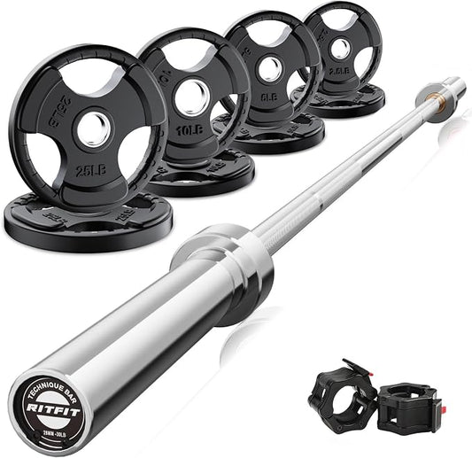 RitFit Barbell Weight Set - 4/6FT Olympic Barbell with Weight Plates (55-115LB Total) - Weightlifting Equipment for Squats, Curls, Deadlifts, Presses, Hip Thrusts