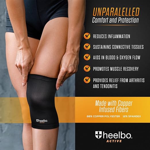 Heelbo Knee Compression Sleeve with Copper Infused Fibers and Breathable Fabric for Knee Pain Relief, Support, Sore Muscles and Joints for Running, Jogging, Hiking or Arthritis, Black, Extra Large