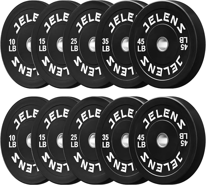 JELENS Olympic Barbell Weight Plates Set, 2-Inch Black/Colored Rubber Bumper Plate Weight Set for Strength Training and Weightlifting, Multiple Options