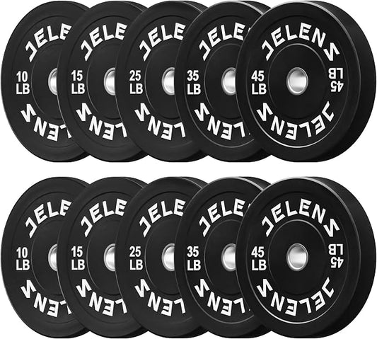 JELENS Olympic Barbell Weight Plates Set, 2-Inch Black/Colored Rubber Bumper Plate Weight Set for Strength Training and Weightlifting, Multiple Options