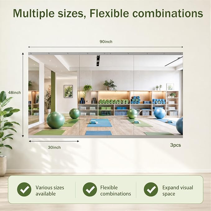 Home Gym Mirror, 48"x30"-3 PCS Gym Mirrors for Wall, Frameless, Tempered Glass, Large Workout Wall-Mounted Mirrors for Home Gym, Dance Studio, Yoga Room, Garage Gym, Silver