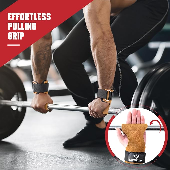 Weight Lifting Wrist Strap, Double-Layer Leather for Deadlift Powerlifting | Gym Strap with Adjustable Neoprene Padded Fit for 6.3–8 Inch Wrist, 8.07-Inch Leather Strap, Gym Workout Lifting Hook (Pair)