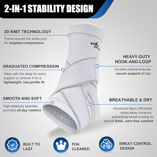ABIRAM Ankle Brace for Men & Women - Adjustable Compression Sleeve with Wrap, Stability Support & Relief for Sprained Ankle, Plantar Fasciitis & Achilles Tendonitis - Breathable Running & Sports Gear