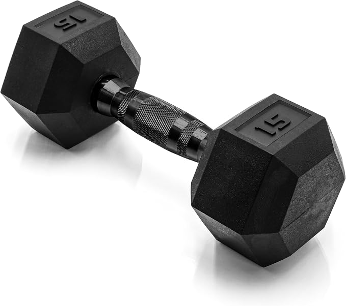 CAP Rubber Coated Dumbbell Weights, Free Weights for Home Gym Strength Training, Anti-Roll Hex Dumbbells with Black, Chrome & Comfort Grip Handles, Singles
