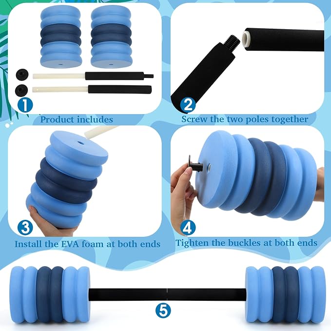 Soulchen Long Aquatic Exercise Dumbbells Pool Exercise Foam Water Weights Dumbbell Aquatic Pool Barbells with High Density EVA Foam for Swim Water Aerobics Workouts Loss