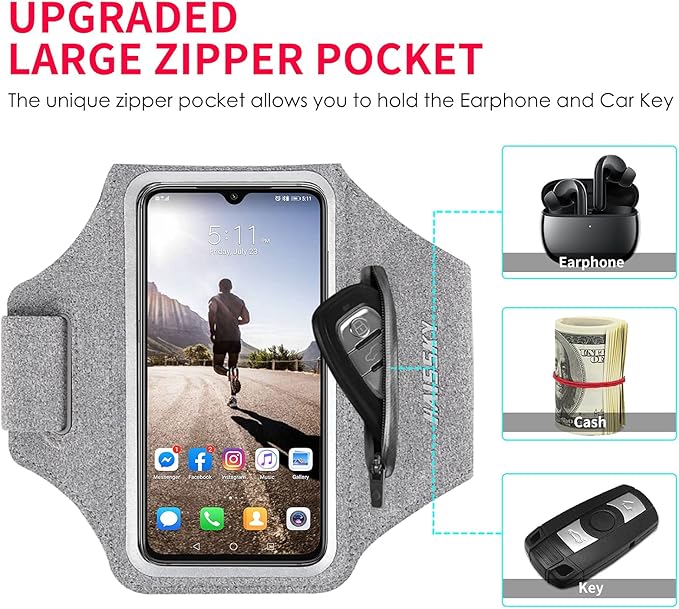 Running Armband with Earphone Pouch Fits Phones up to 6.9" | Cell Phone Armband for iPhone, Water Resistant & Breathable Sports Phone Holder & Zipper Pocket Car Key Holder for Jogging