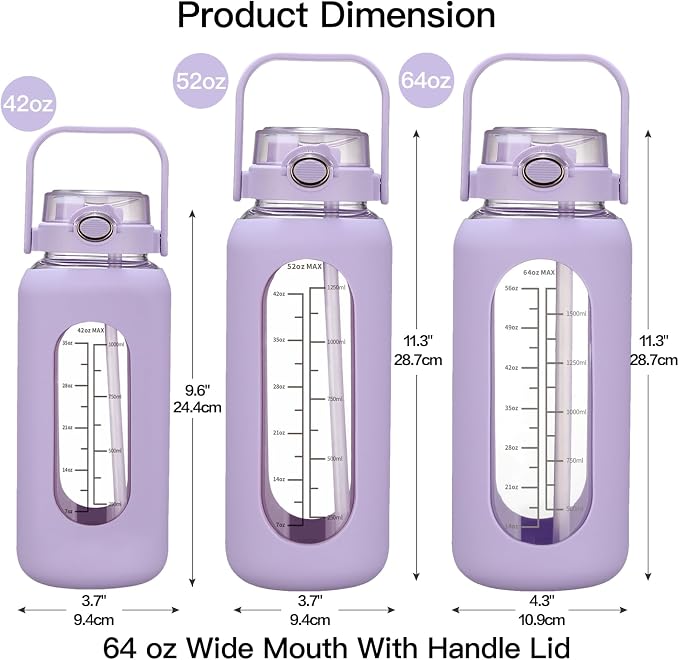 chunmo 42oz/52oz/64oz Glass Water Bolttles with Straw Half Gallon Large Motivational Water Bottle with Time Marker Sports Water Bottles with Silicone Sleeve and Handle Lid Water Jug for Gym Workout