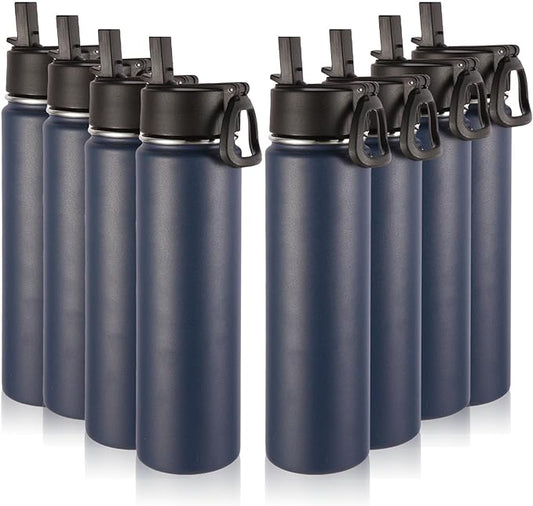 Volhoply 24oz Insulated Water Bottle with Straw Bulk 8 Pack,Metal Wide Mouth Water Bottles with Handle Lid Keep Cold,Reusable Double Wall Cups,Powder Coated Sport Bottle For Holder(Navy,8 Count)