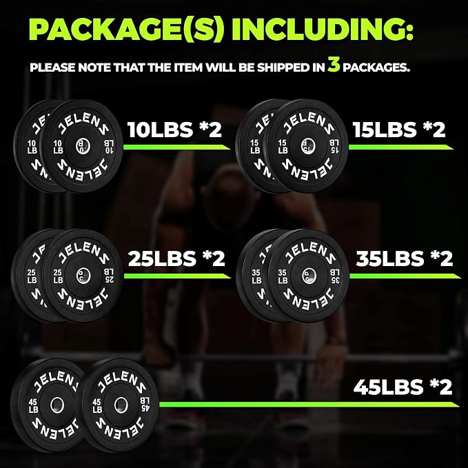 JELENS Olympic Barbell Weight Plates Set, 2-Inch Black/Colored Rubber Bumper Plate Weight Set for Strength Training and Weightlifting, Multiple Options