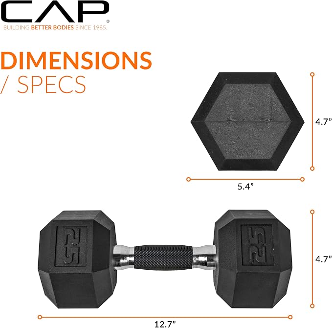 CAP Rubber Coated Dumbbell Weights, Free Weights for Home Gym Strength Training, Anti-Roll Hex Dumbbells with Black, Chrome & Comfort Grip Handles, Pairs & Sets