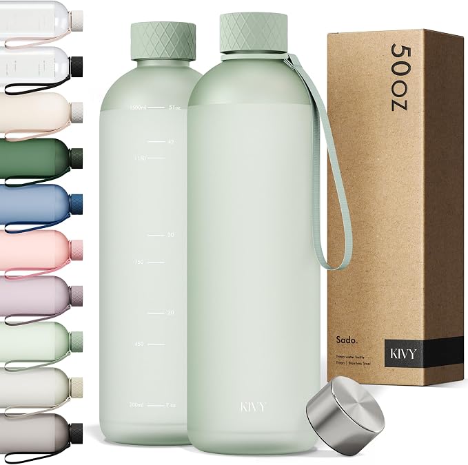 KIVY Large Water Bottle 50oz [Lightweight & Shatterproof] Fits Backpack & Cupholder for Travel, Sports, School - Green water bottle no straw - 1.5 Liter water bottles - 50oz Water bottle
