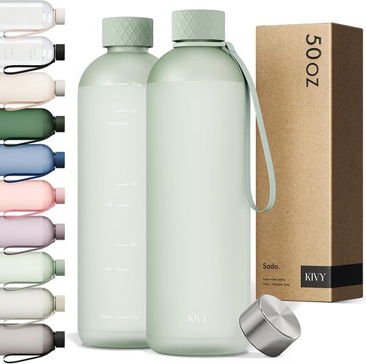 KIVY Large Water Bottle 50oz [Lightweight & Shatterproof] Fits Backpack & Cupholder for Travel, Sports, School - Green water bottle no straw - 1.5 Liter water bottles - 50oz Water bottle