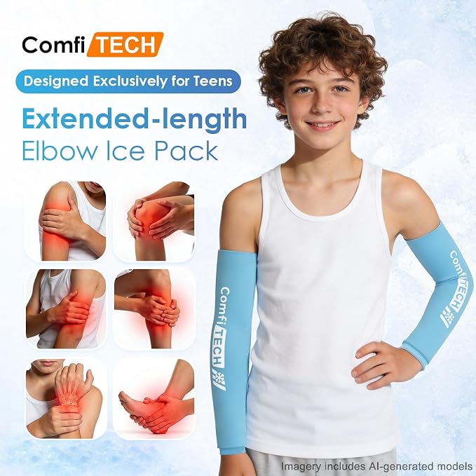 ComfiTECH Youth Full Arm Elbow Ice Pack Wrap, Tennis Cold Sleeve, Small | Flexible Gel Ice Sleeve for Teen Golfers Arm, Pitchers Throwing Recovery, Reusable Brace for Forearm Wrist Muscle Discomfort