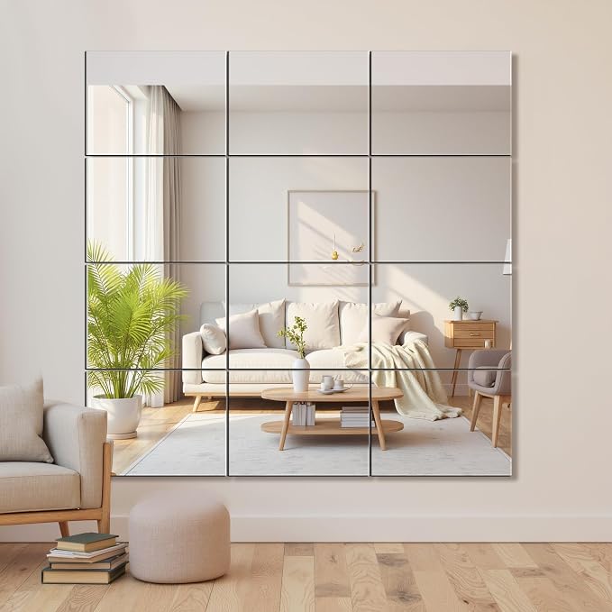 Delma Frameless Mirror Tiles 16"x12"x12 Pcs Wall Mounted | Shatter Resistant, Full Length, Tempered Glass Panels, For Home Gym Bathroom Bedroom & Living Room Decor