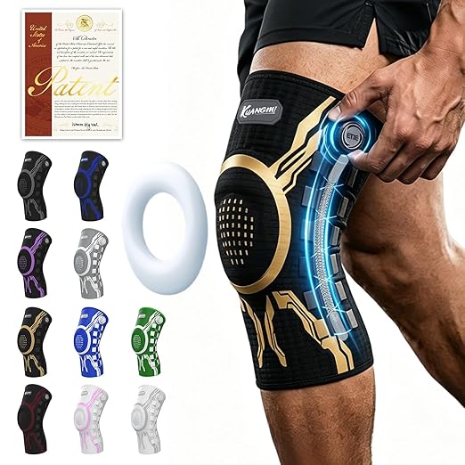 Kuangmi Knob Knee Brace for Pain Relief, Knee Support with Patella Gel Pad & Side Stabilizers, Compression Knee Sleeve for Workout, Arthritis, Joint Pain, Meniscus Tear (Gold Black,Left,Large,Single)