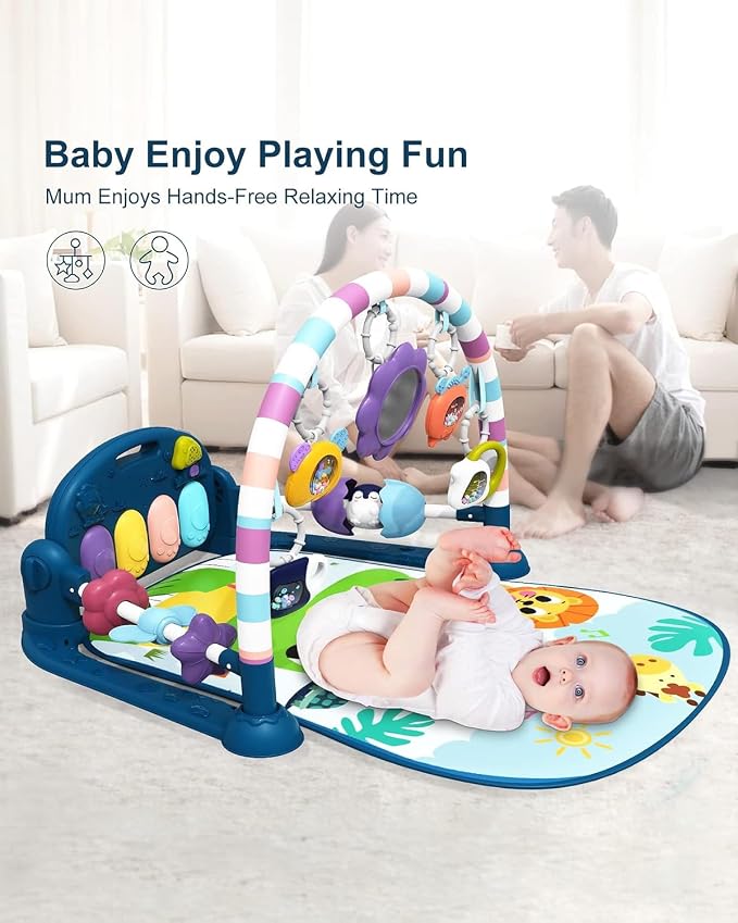 dearlomum Blue Tiger Baby Play Mat Gym with Piano & 4 Wrist Rattle Socks | Tummy Time Activity Mat with 5 Infant Sensory Toys, Music and Lights, Boy & Girl Gifts for Newborns 0 to 3 6 9 12 Months