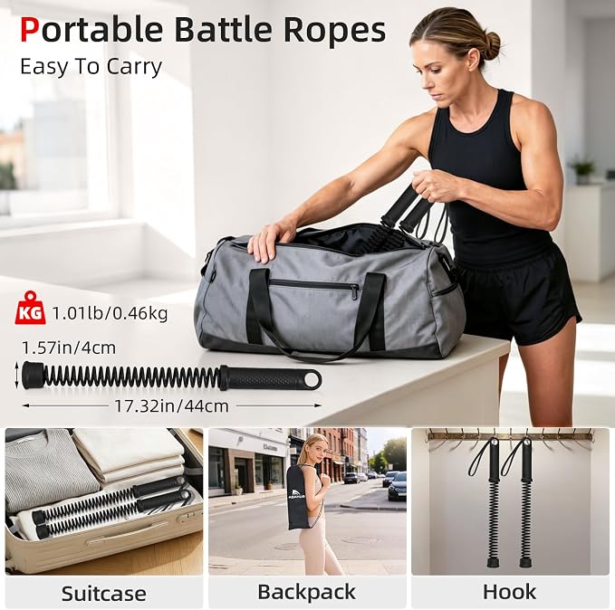 Abahub Weighted Ropeless Battle Rope, Portable Silent Cordless Battle Ropes, Space Saving Home Gym No Battle Ropes with Storage Bag, 2PCS Black - Set B