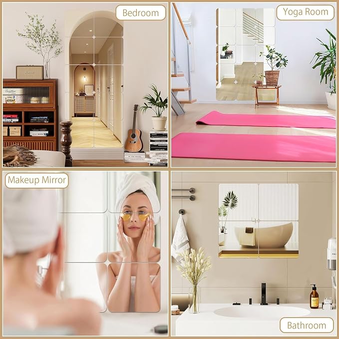 18Pack Self Adhesive Acrylic Mirrors, 8 x 8 Inch Mirror Tiles Decor | JUNEBRUSHS Frameless Over Door Mirrors, Sheets Wall Stickers for Wall Mounted Make Up Gym Dressing