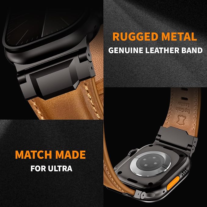 Bands Compatible with Apple Watch Ultra 3/2/1 Band 49/46/45/44mm | Genuine Leather Metal Connector Strap for iWatch Ultra Series 11/10/9/8/7/SE/6/5/4/3/2/1, Retro Brown/Black