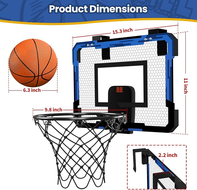 QDRAGON Mini Basketball Hoop with Scoreboard | Over The Door Indoor, with 3 Balls/Inflator/Breakaway Rim, Basketball Toy Gifts for Kids Adults, Suit for Bedroom/Office