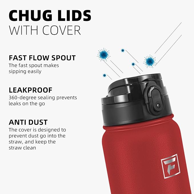 Fanhaw 32 oz Insulated Stainless Steel Water Bottle with Anti-Dust Chug Lid, Leakproof Vacuum Sports Bottle for Kids, Teens & Adults, Back to School Essentials (Red)